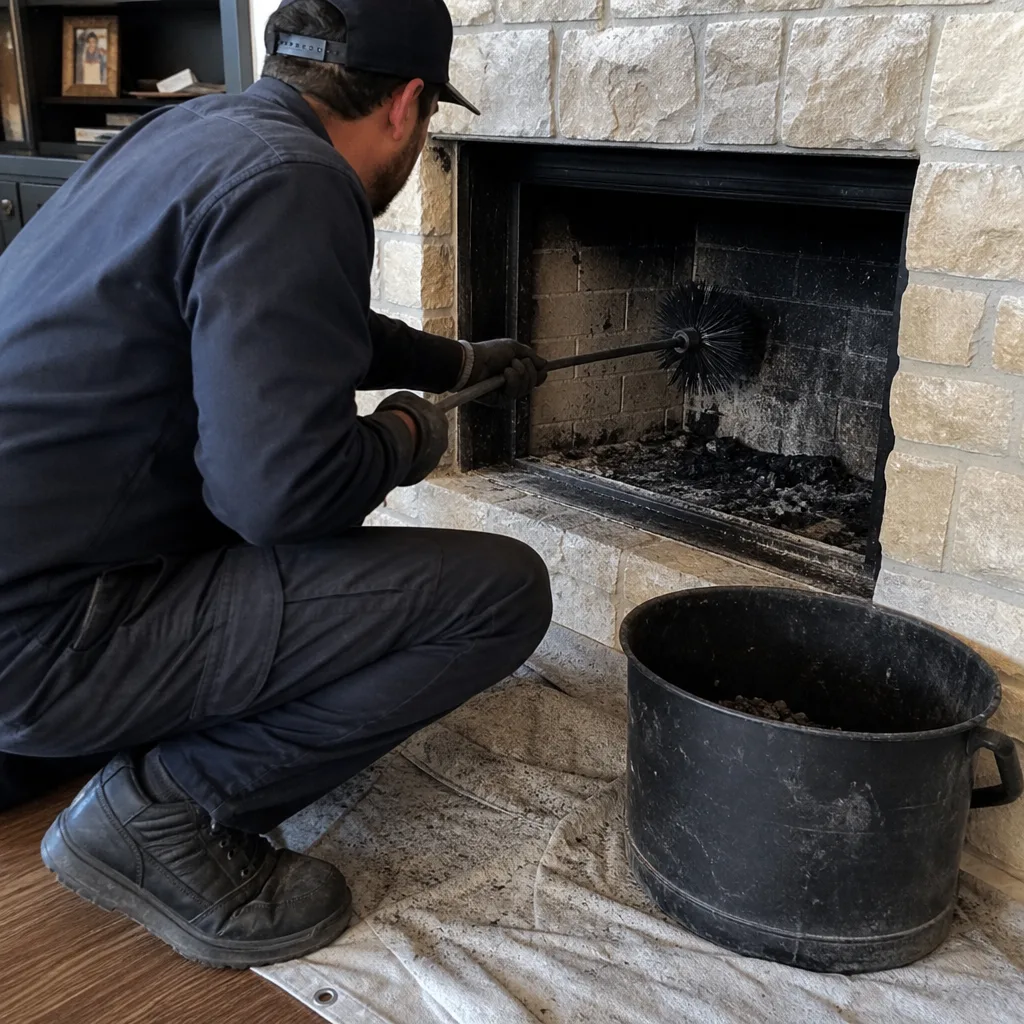 Professional chimney sweep cleaning a brick fireplace with a wire brush