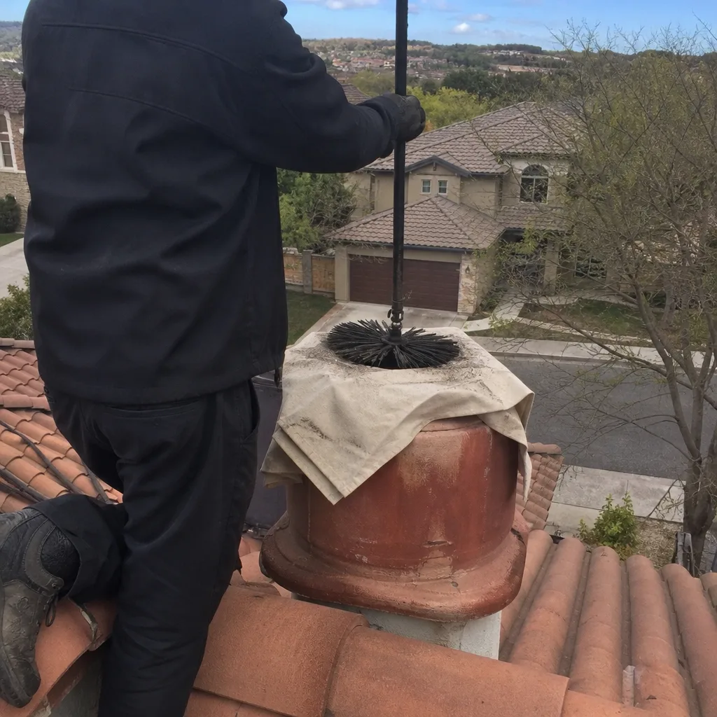 Professional chimney sweep cleaning a chimney flue on a rooftop