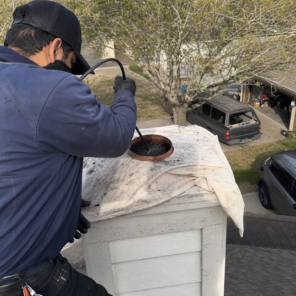 Technician performing professional chimney and gas fireplace flue cleaning maintenance.